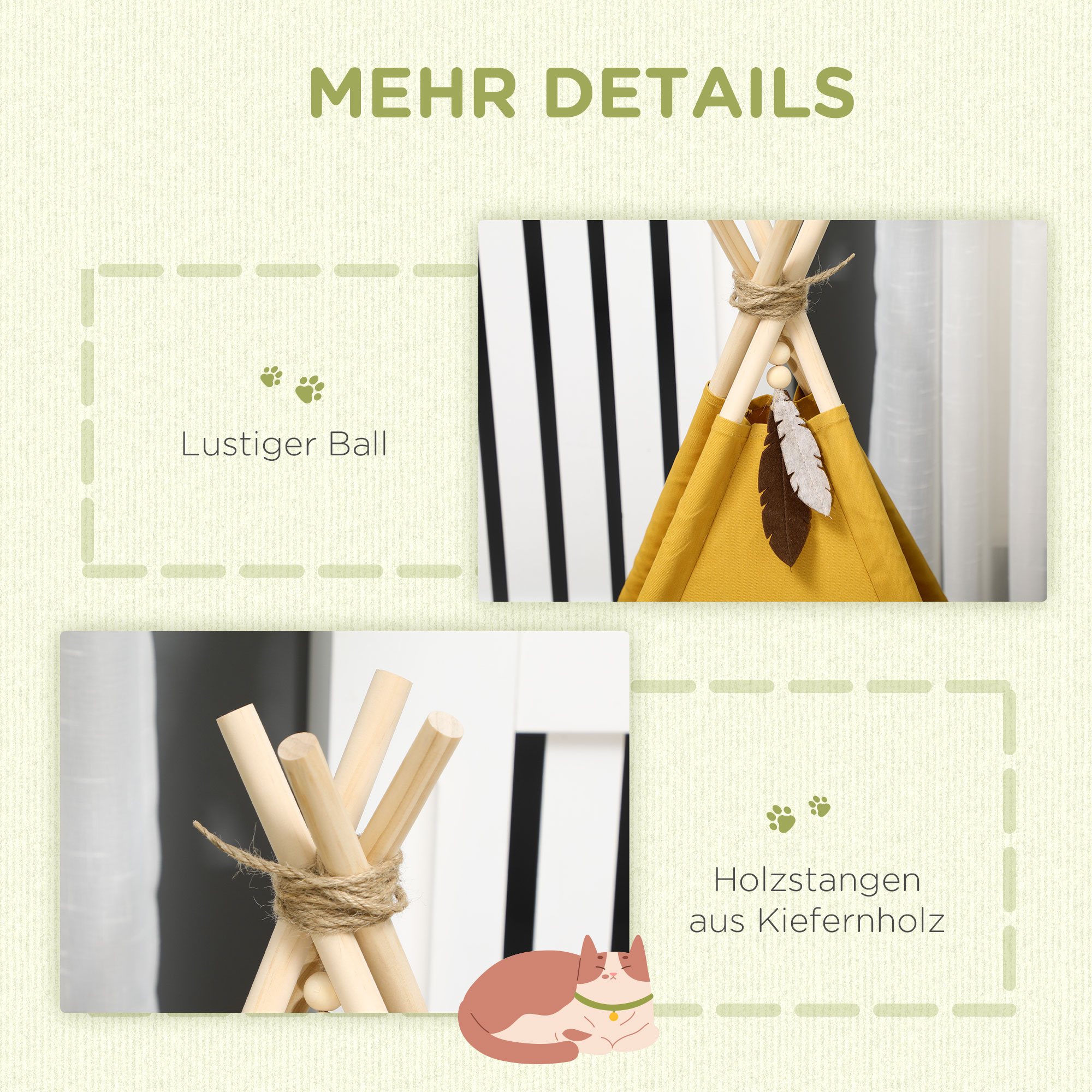 Tierbett, drolliges Tipi-Design, mit weichem Liegekissen, Bodenmatte, für Hunde und Katzen, 60 x 60 x 76 cm