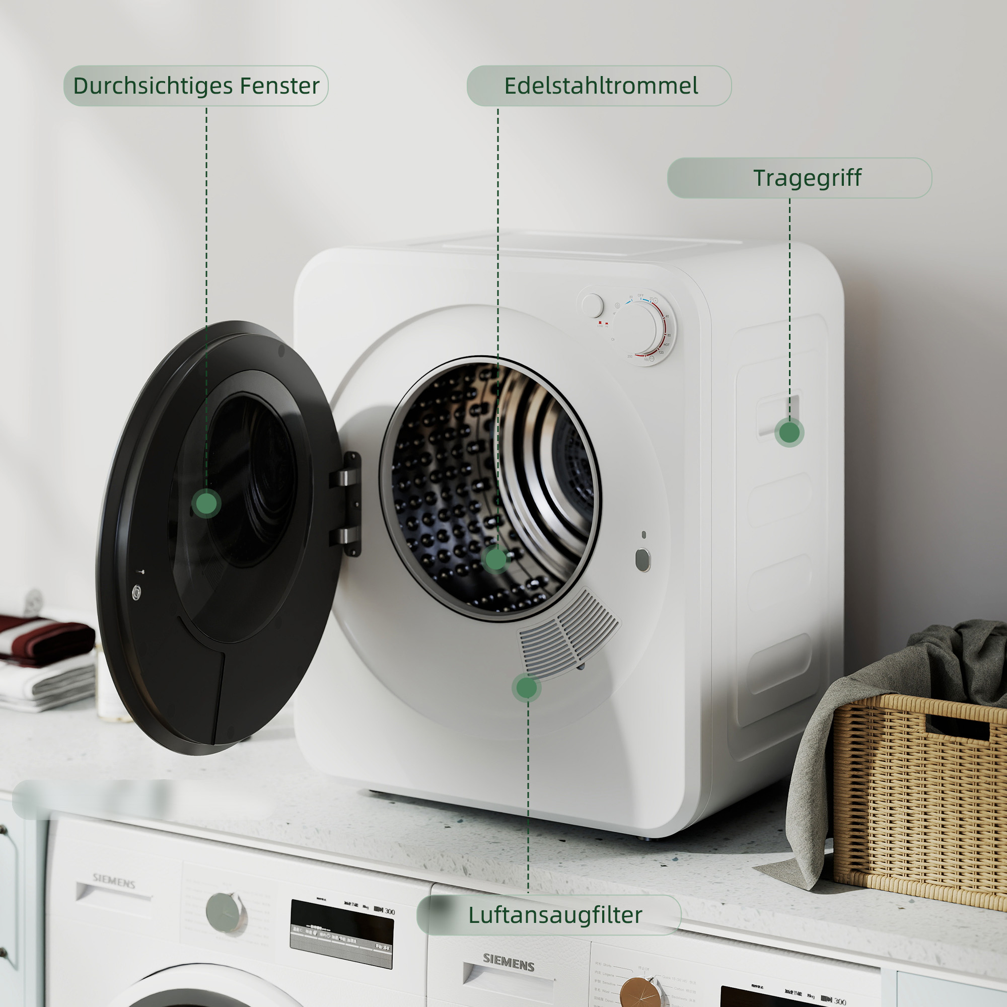 Mini Wäschetrockner 4 kg mit 5 Programme bis zu 60? 800W/400W Ablufttrockner mit reversibl Edelstahltrommel Weiß