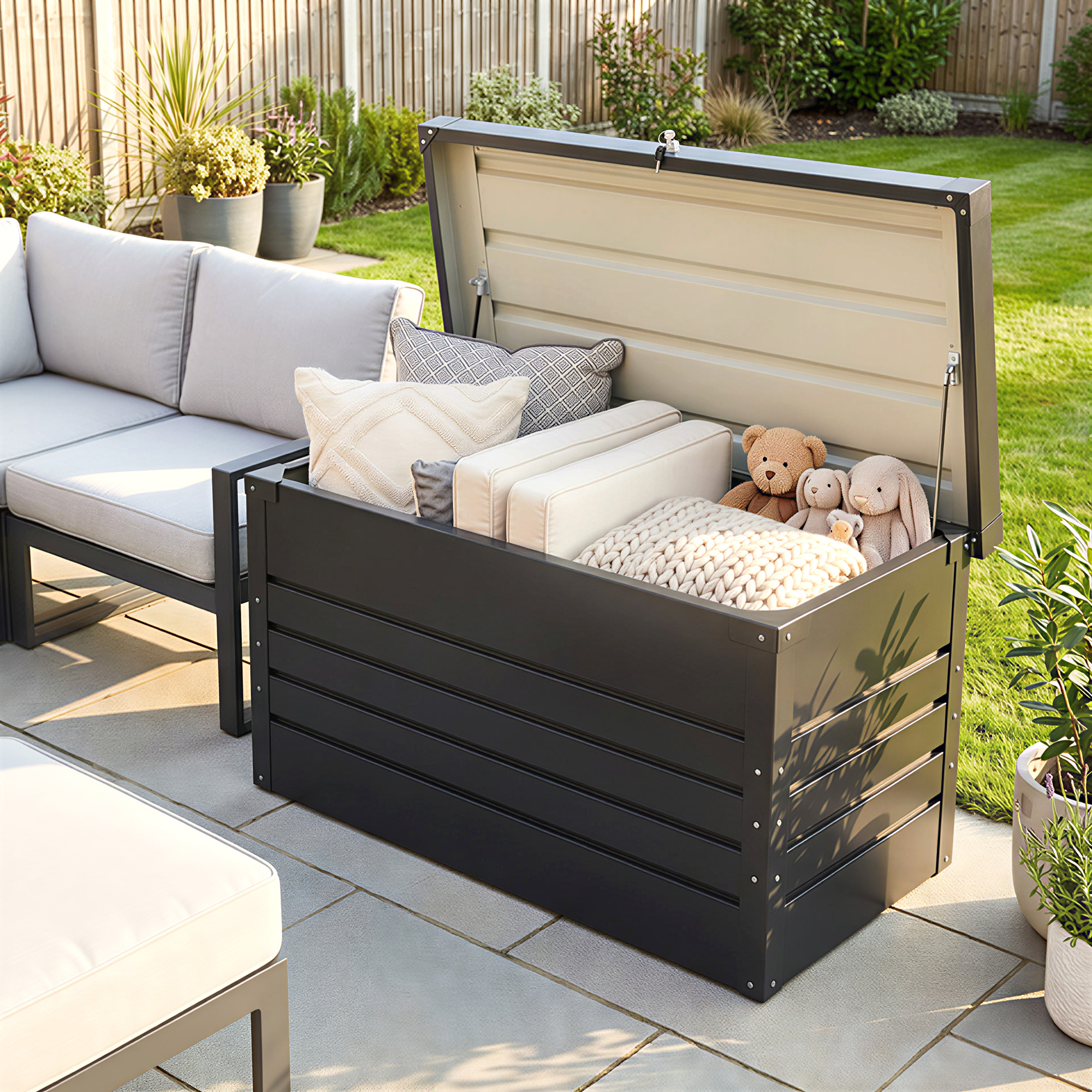 Gartenbox Metall 450L Kissenbox mit doppelwandig Deckel 120 x 61 x 62?cm Wasserdicht Abschließbar Grau