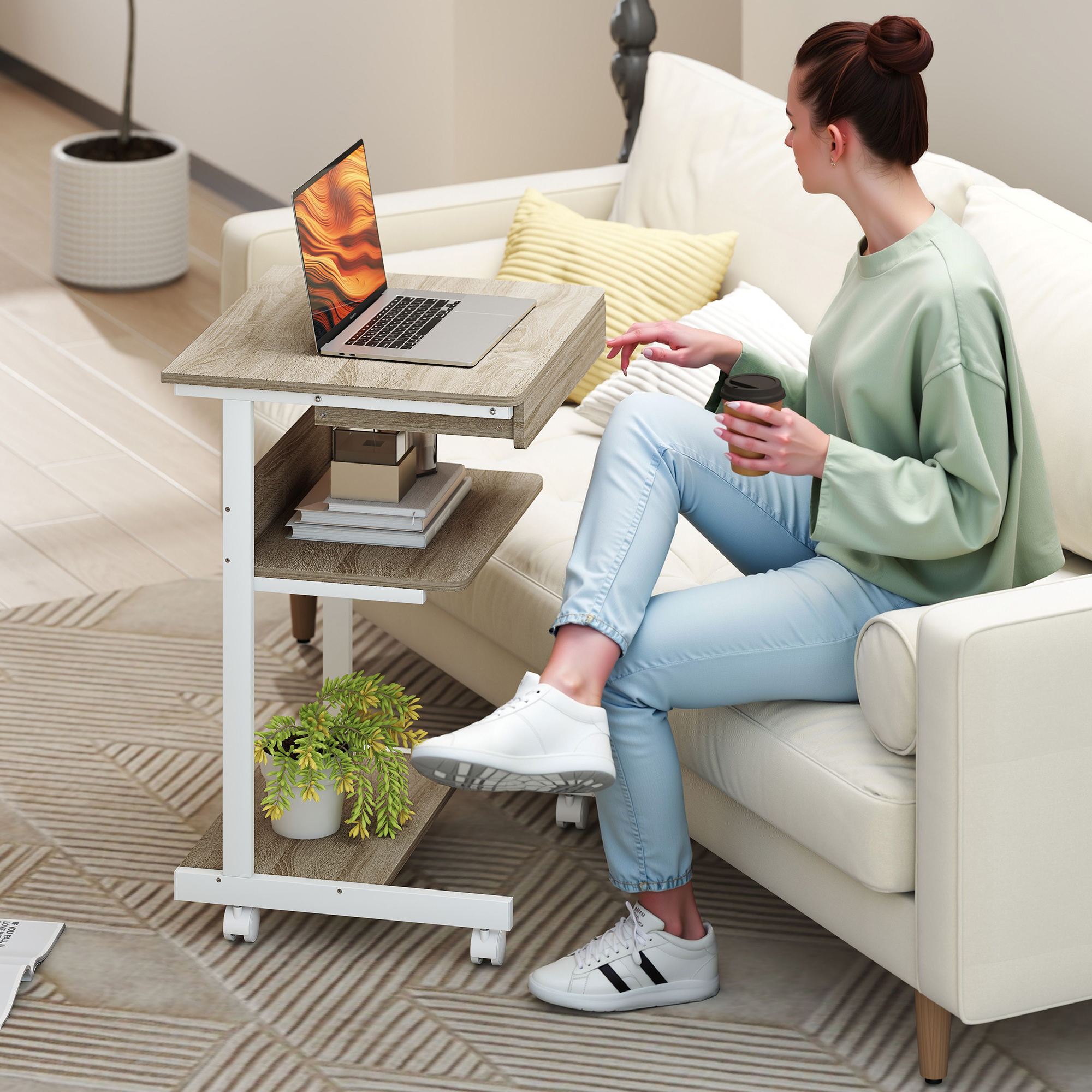 Roll-Schreibtisch mit Schublade und Regalen, 4 Räder, kompakt, Spanplatte, Metall