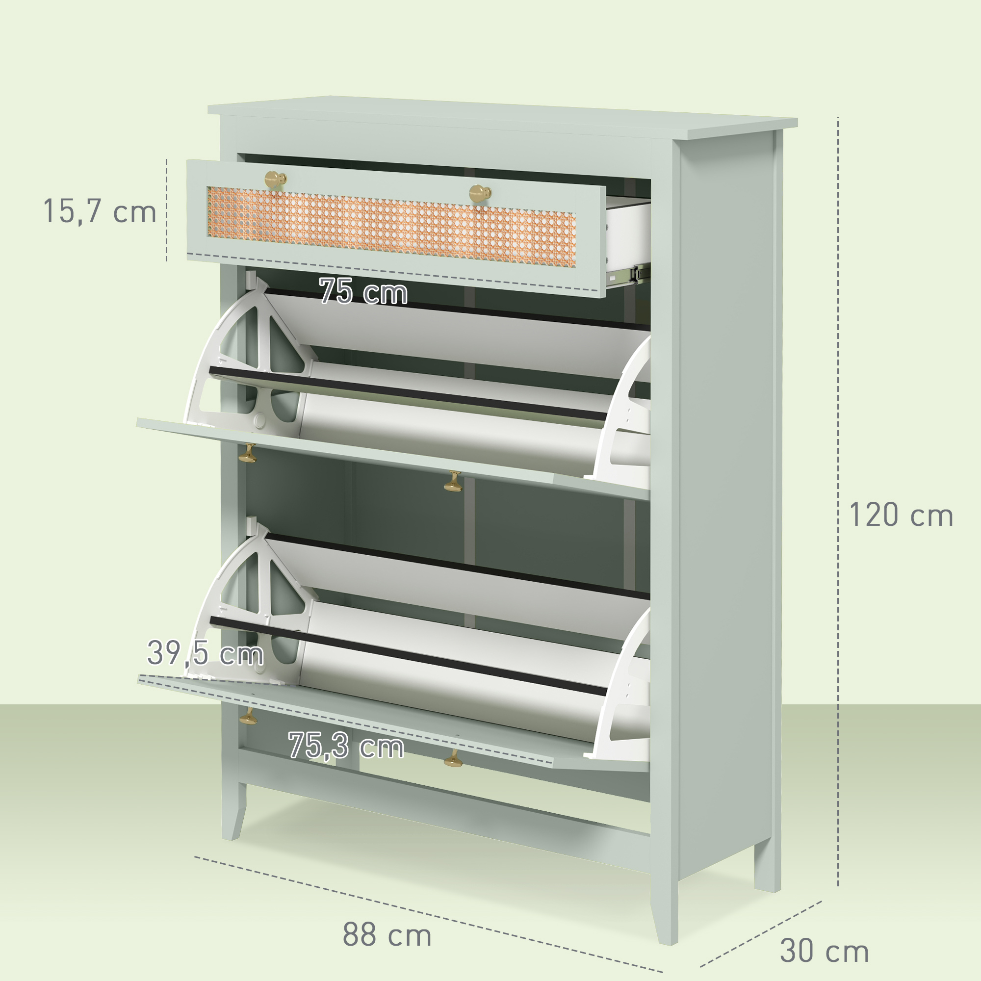 Schuhschrank für 12 Paar Schuhe, mit 1 ausziehbaren Schublade, 2 Flip-Schubladen, Schuhkommode, 88 x 30 x 120 cm, Grün