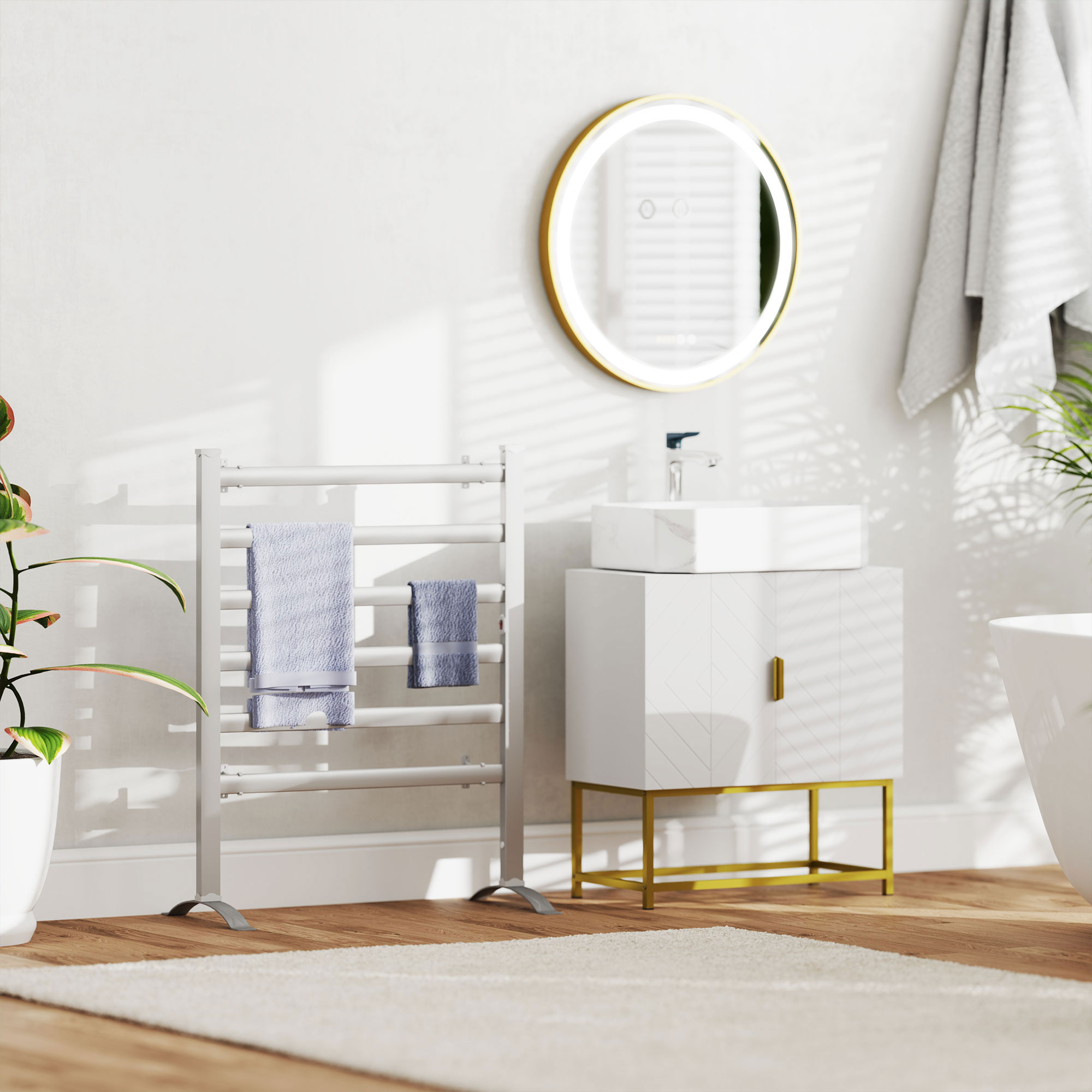 Runder Spiegel mit LED-Beleuchtung, Uhrzeitanzeige, Memoryfunktion, Gold + Silber