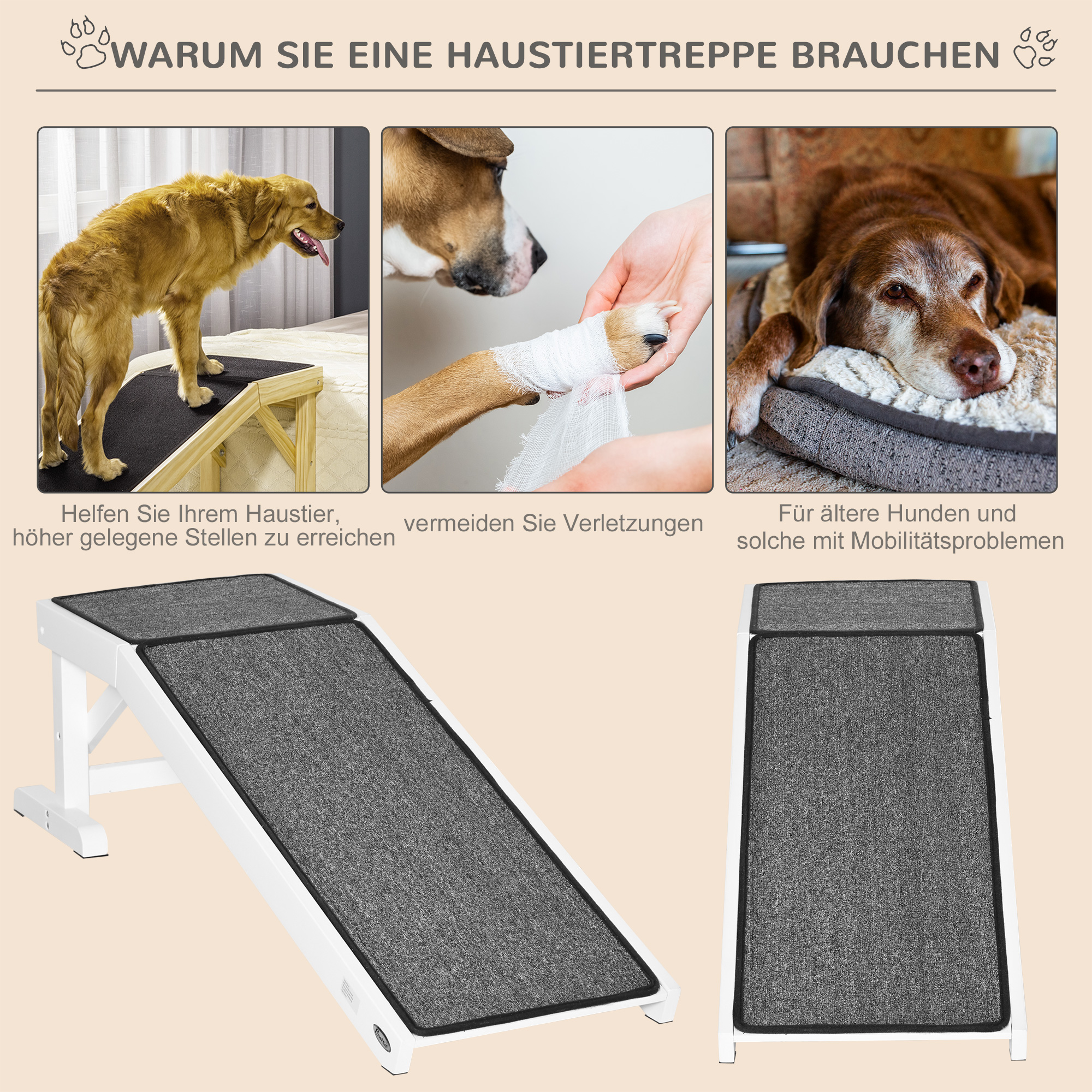 Haustierrampe mit rutschfestem Teppich 125 x 40 x 35,5cm Kiefernholz