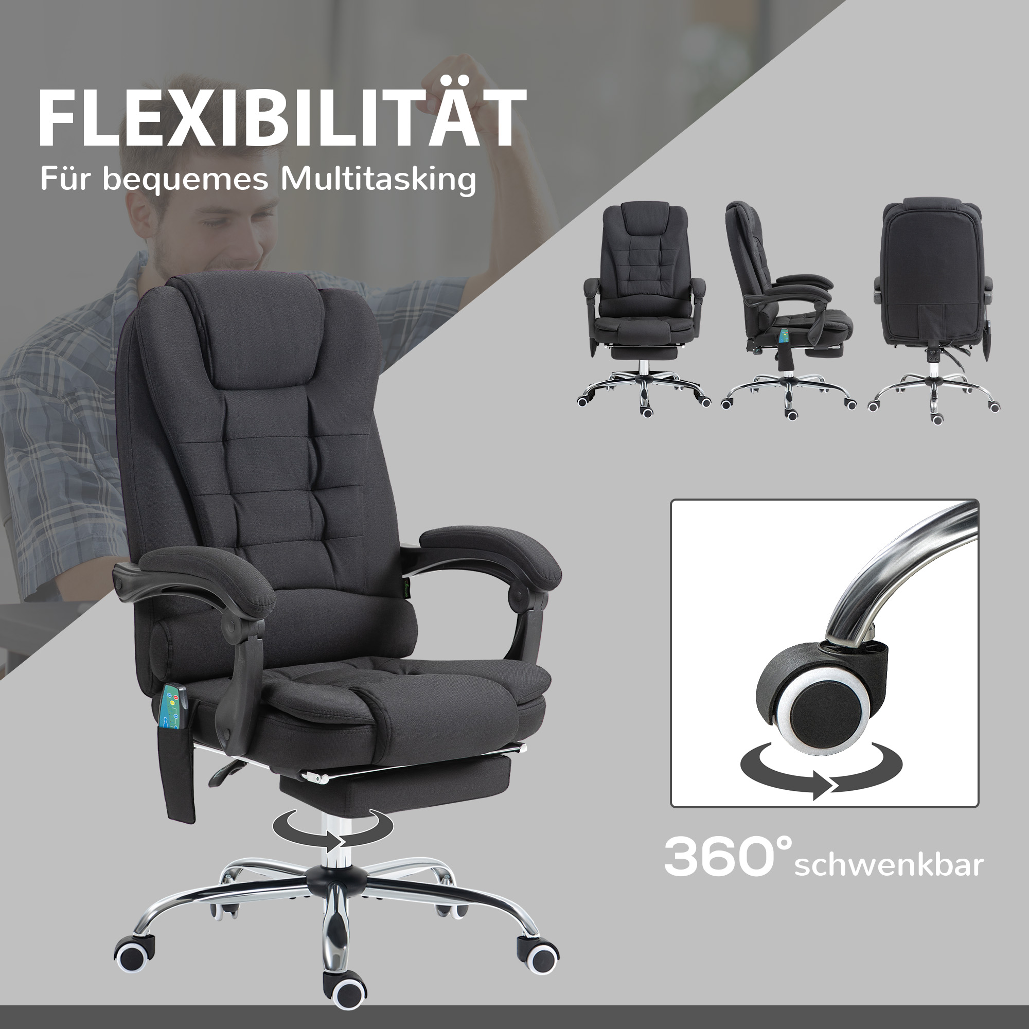 Bürostuhl mit Massagefunktion, Ergonomischer Schreibtischstuhl mit Liege- & Wärmefunktion, höhenverstellbar, Schwarz