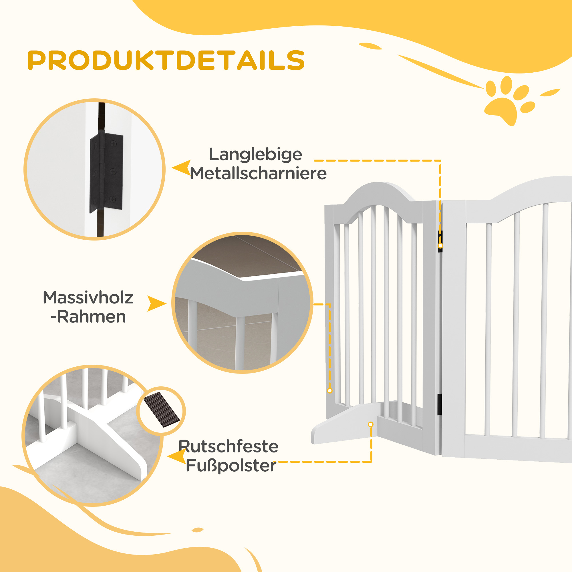 Faltbares Hunde-Absperrgitter, 4 Paneele, für Treppen, Flure, Türen, MDF/Massivholz, Weiß