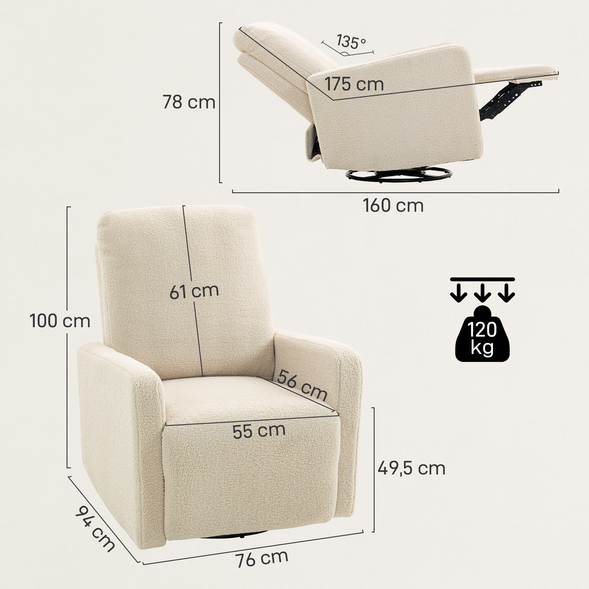 Recliner-Sessel, Entspannungssessel mit Fleece-Bezug, verstellbare Rückenlehne, Polstersessel, Stahl, Beige
