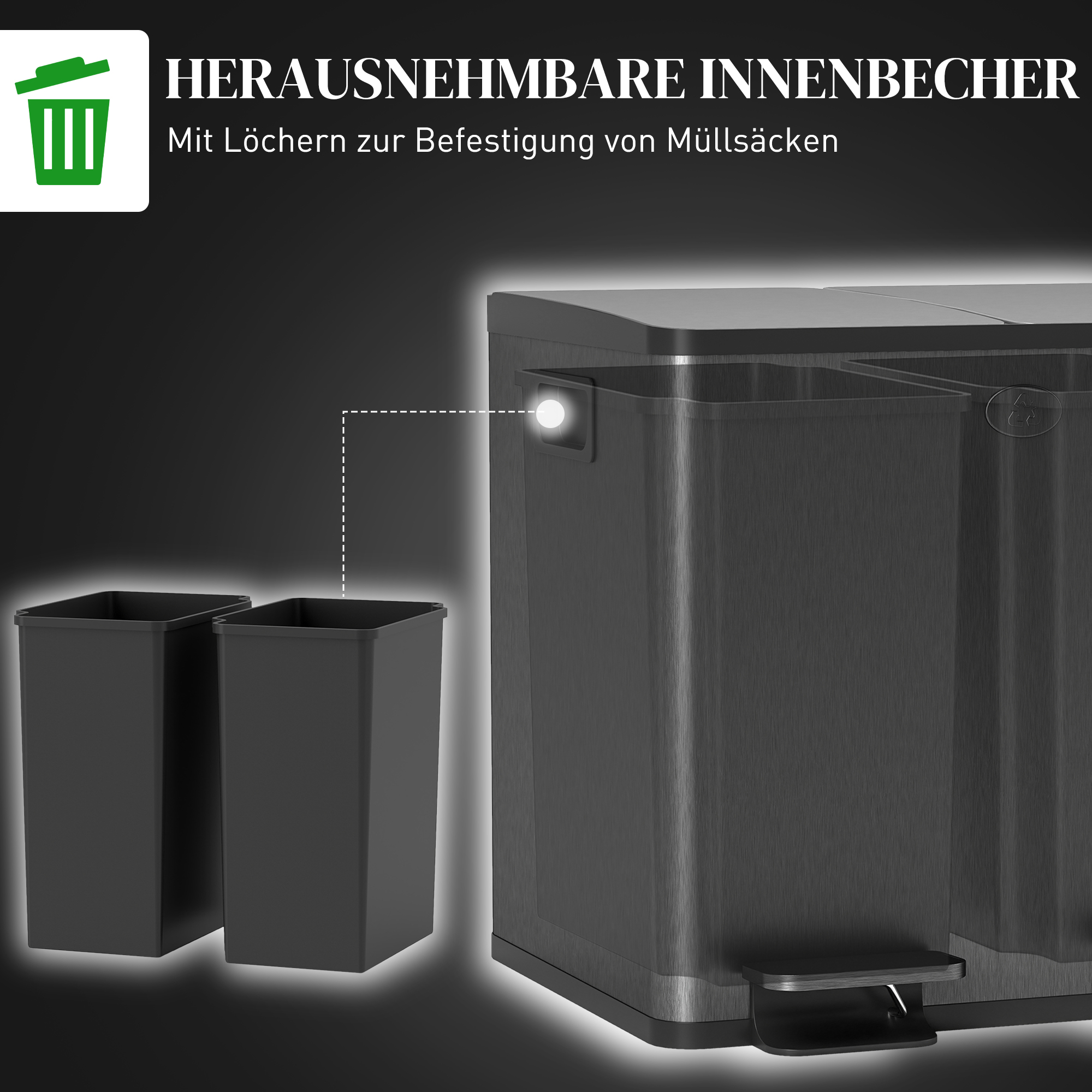 2 x 15l Doppelmülleimer, Pedalöffnung, leicht zu reinigen, Edelstahl, Kunststoff, Schwarz