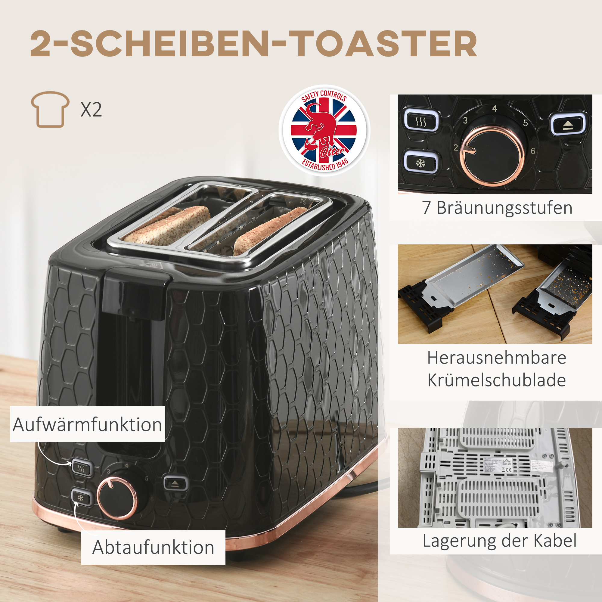 Wasserkocher- und Toaster-Set, 1,7 L, verschiedene Modi, LED-Anzeigen, Schwarz