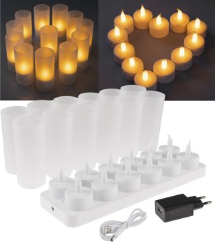 LED Teelichter, 12er Set, mit Windschutz, wiederaufladbar auf Ladestation
