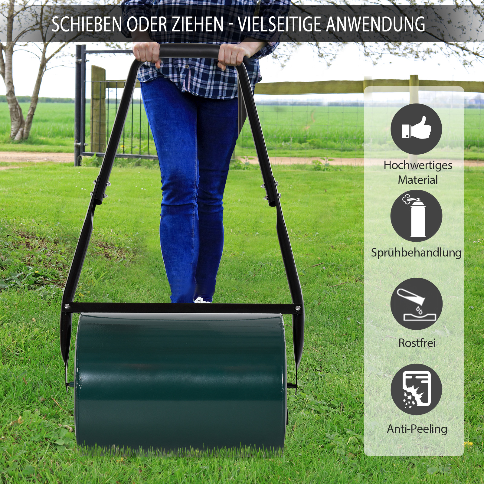 Rasenwalze Gartenrolle Gartenwalze mit U-Griff 31 cm Durchmesser 30 cm Arbeitsbreit 40 L Wasser-/Sandfüllunge Metall Grün