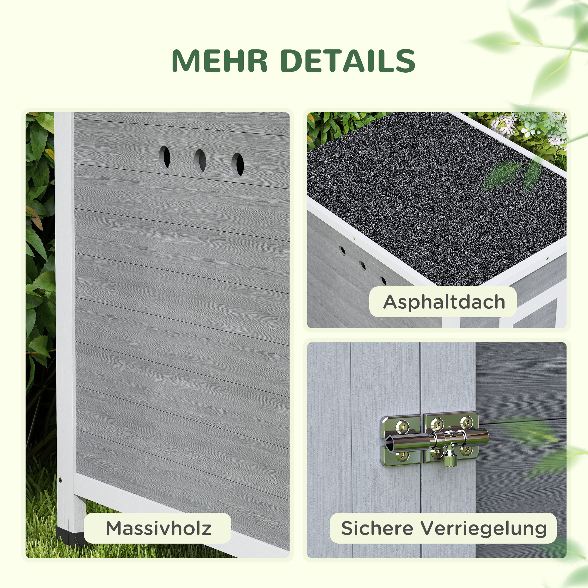 Entenstall, Entenhaus mit Seitentür, Belüftungslöchern, Geflügelstall Hühnerhaus aus Tannenholz, Gänsestall, Hühnerstall mit wasserdichtem Asphaltdach, 63 x 82 x 76 cm, Hellgrau