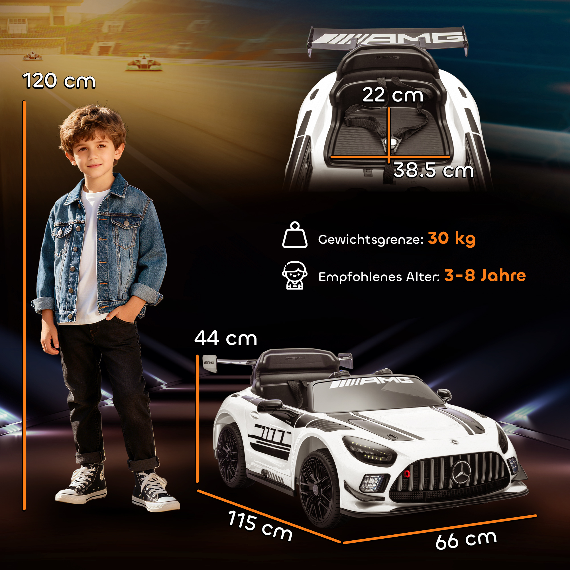 Mercedes-Elektroauto, Aufsitzauto für Kinder, 12V Batterie, LED-Lichter, Musikfunktion, Hupe, 3-8 Jahre, Weiß