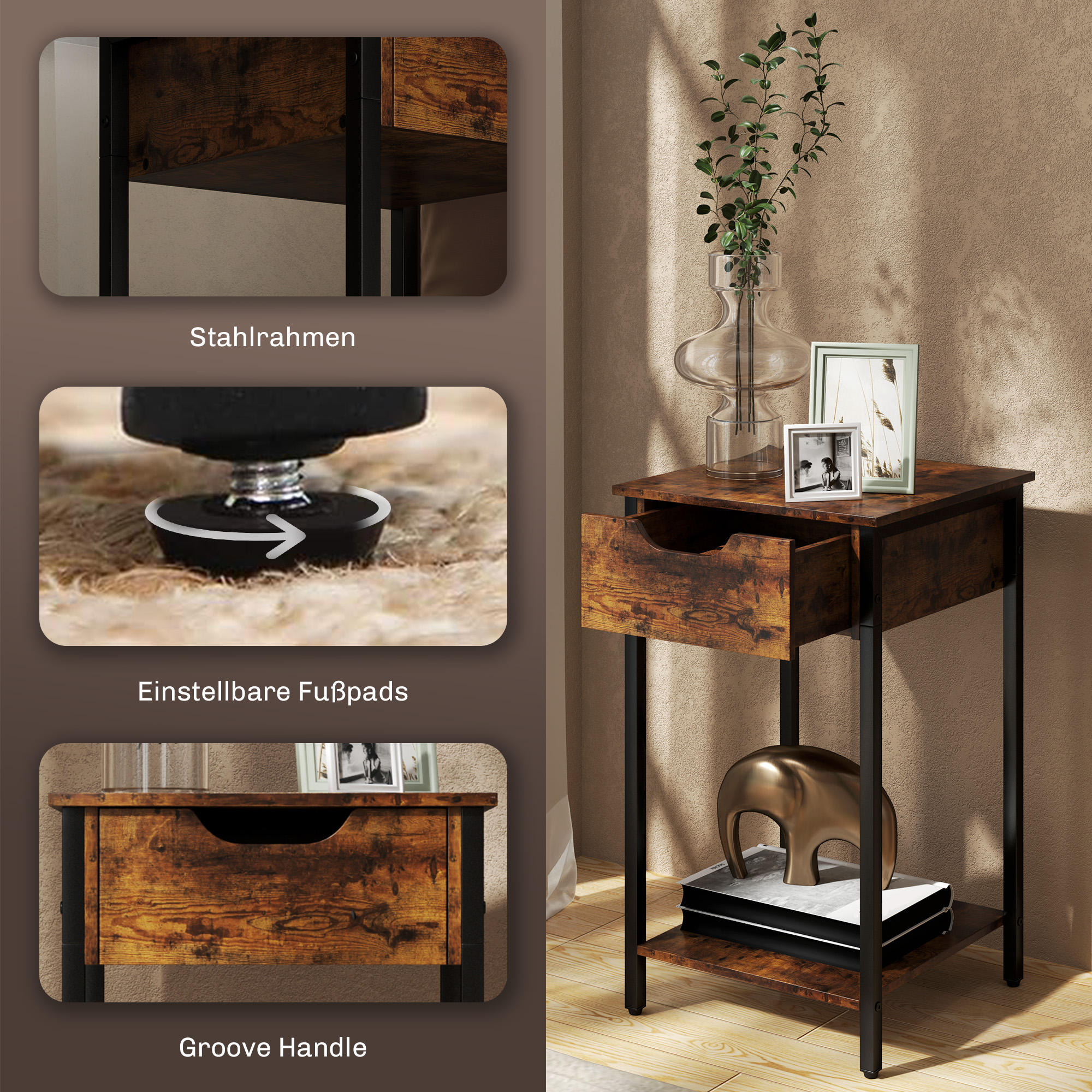 Beistelltisch im Industriestil, Schublade, Ablagefach, Metallrahmen, Holz, 40 x 40 x 68 cm, Braun