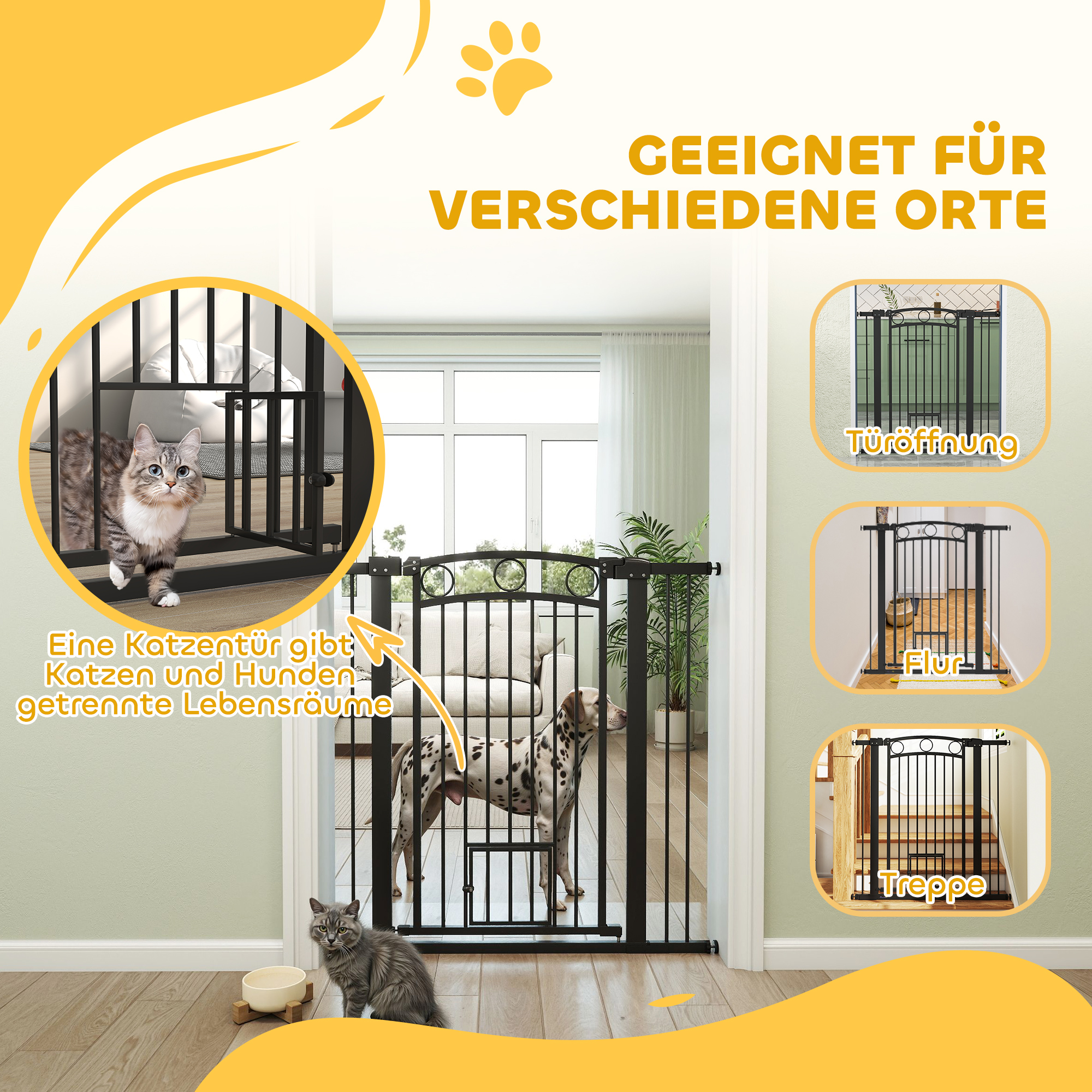 106 cm hohes Haustiergitter mit anpassbarer Breite, integrierte Katzentür, für Treppen und Türrahmen, Schwarz