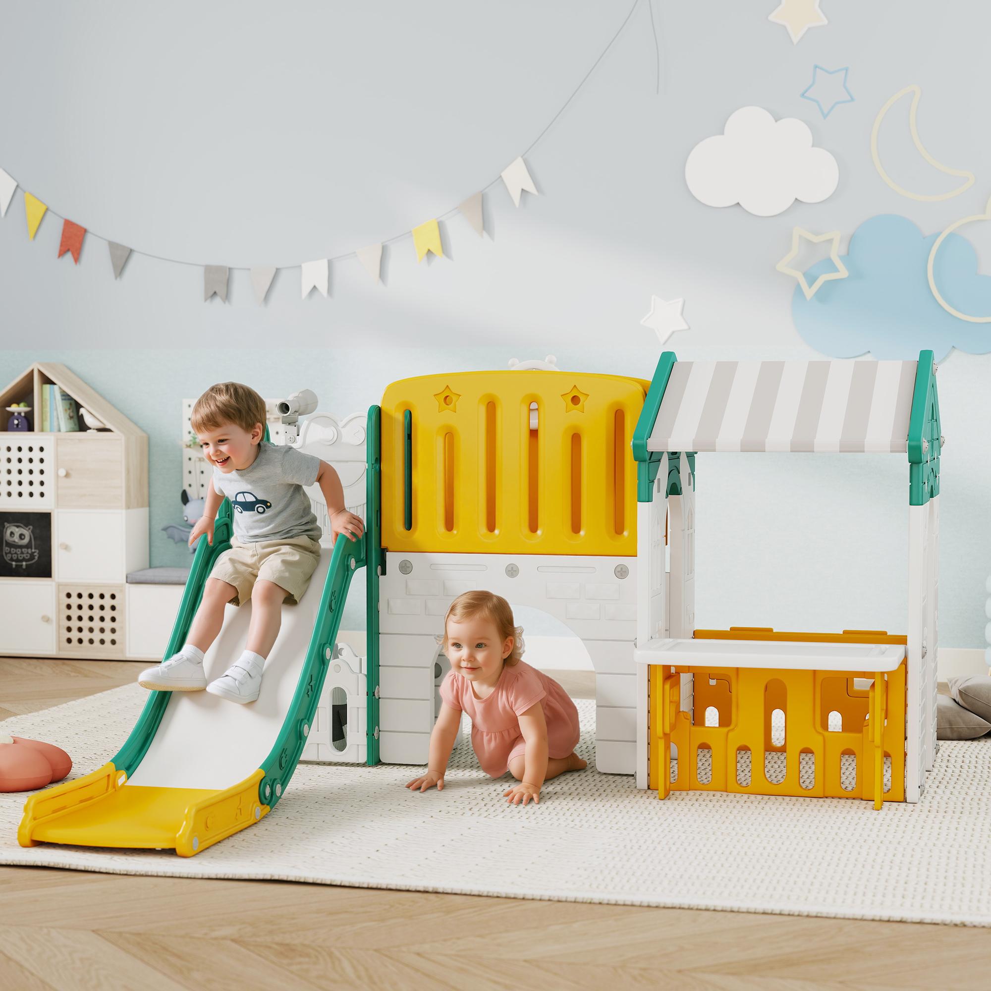 7-in-1 Kinderrutsche, Indoor-Spielplatz, Klettergerüst, Haus, Tafel, Basketballkorb, 1-4 Jahre, Kunststoff, Gelb+Grün