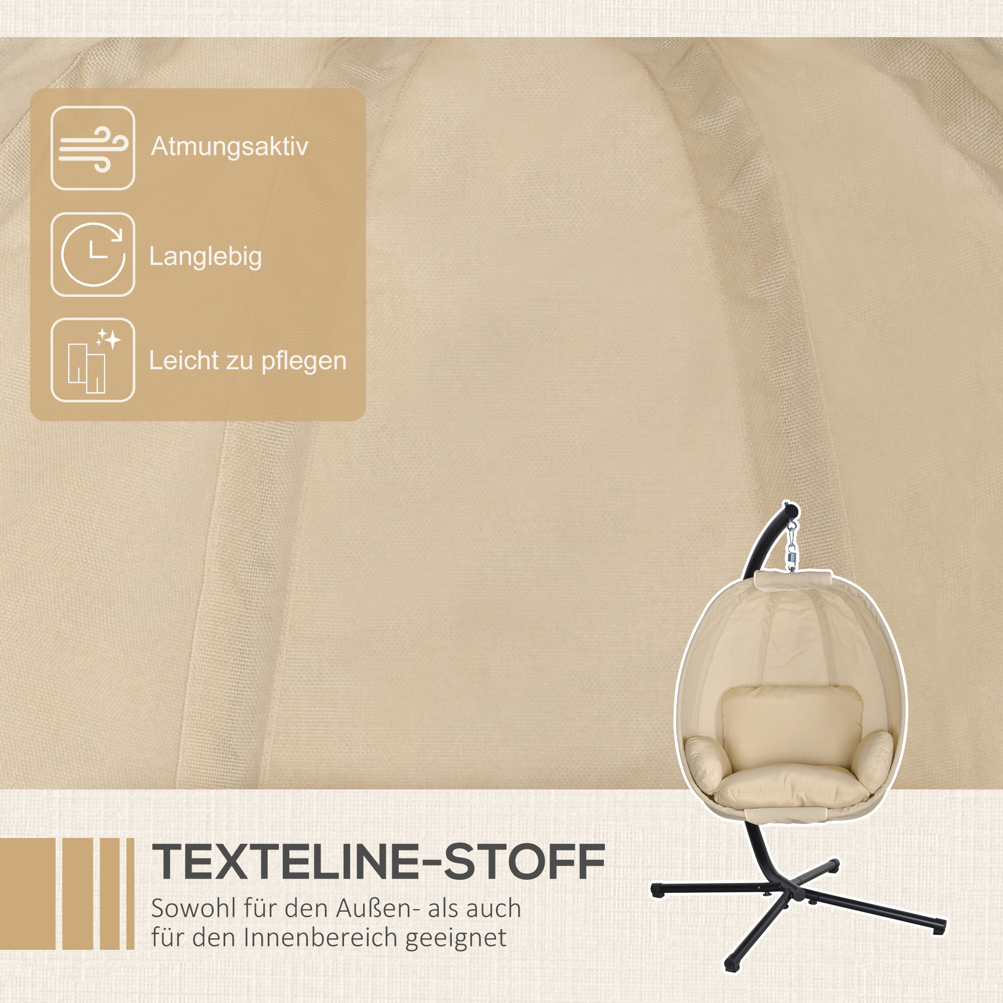 Hängesessel, Eiförmiger Schaukelsitz mit weichem Kissen, für drinnen und draußen geeignet, 125L x 95B x 170H cm, Khaki