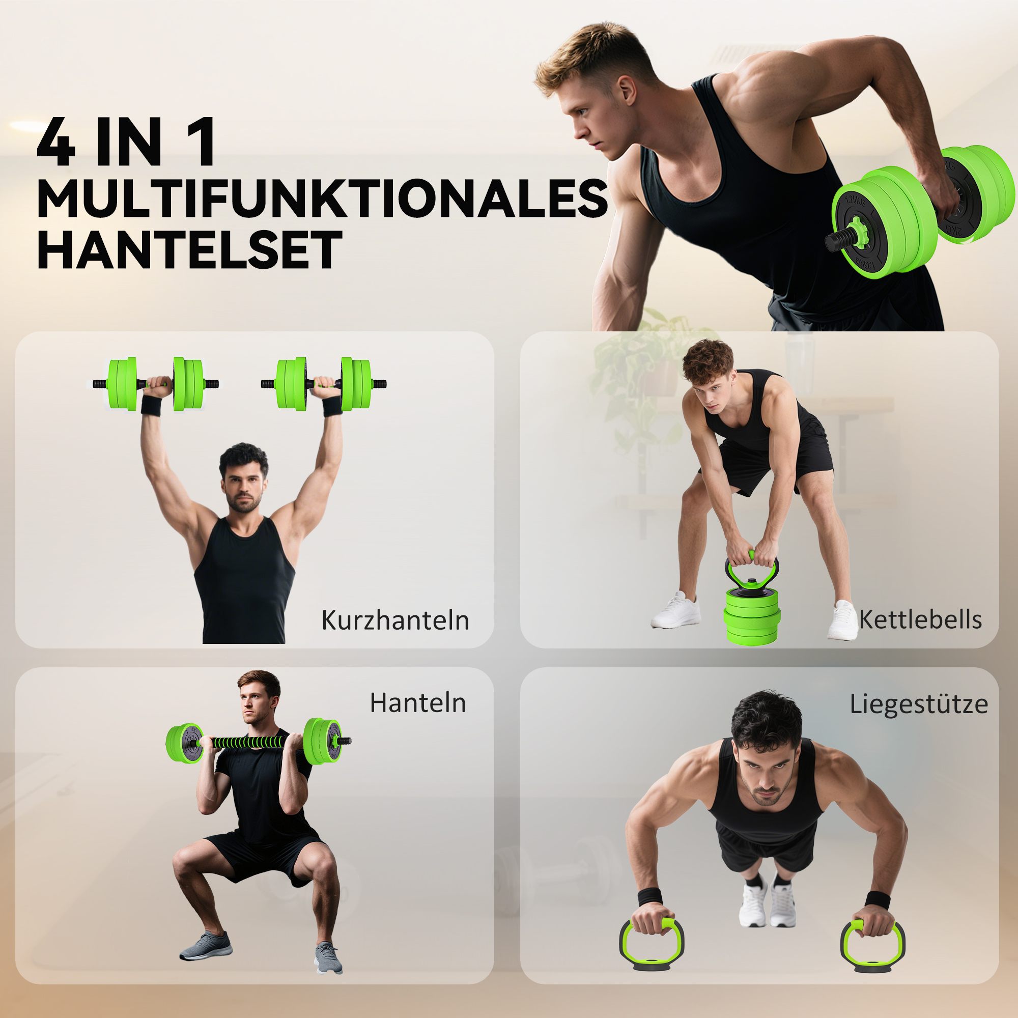 4 in 1 Hanteln Set 20 kg verstellbare Kurzhantel & Langhantel Kettlebell Liegestützgriffe Grün