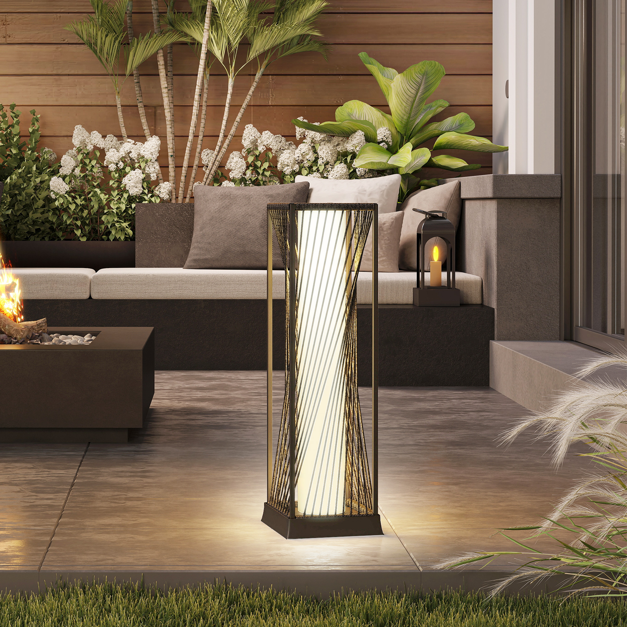 Solar Stehlampe Rattan mit Lichtsensor 25 LED Solarlampen im Boho-Stil IP44 Spritzwassergeschützt Schwarz+Grau