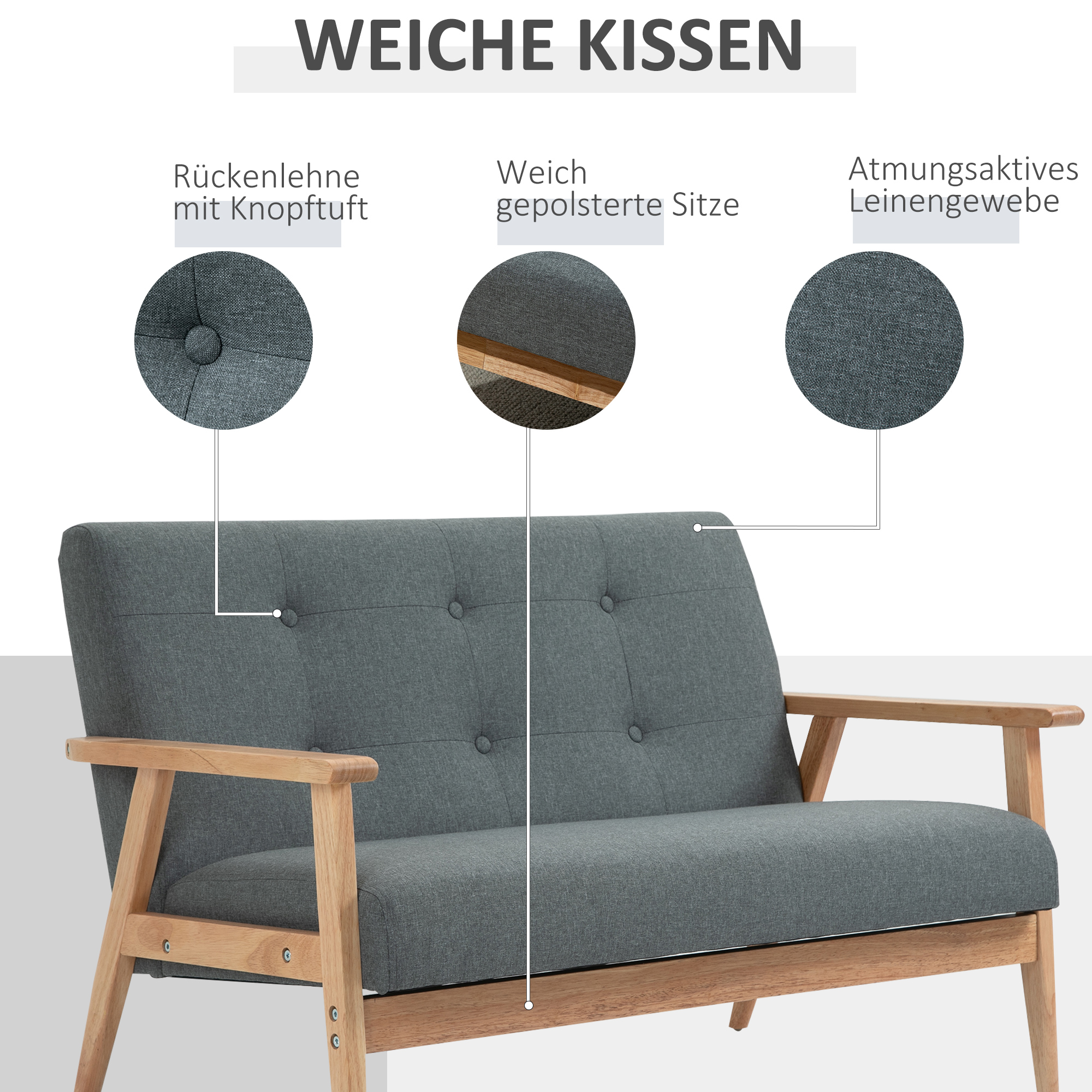 2-Sitzer Sofa, Couch mit Armlehnen, Rückenkissen, Wohnzimmersofa mit Leinenoptik, Polstersofa für Wohnzimmer, Schlafzimmer 115 x 66,5 x 73 cm, Dunkelgrau
