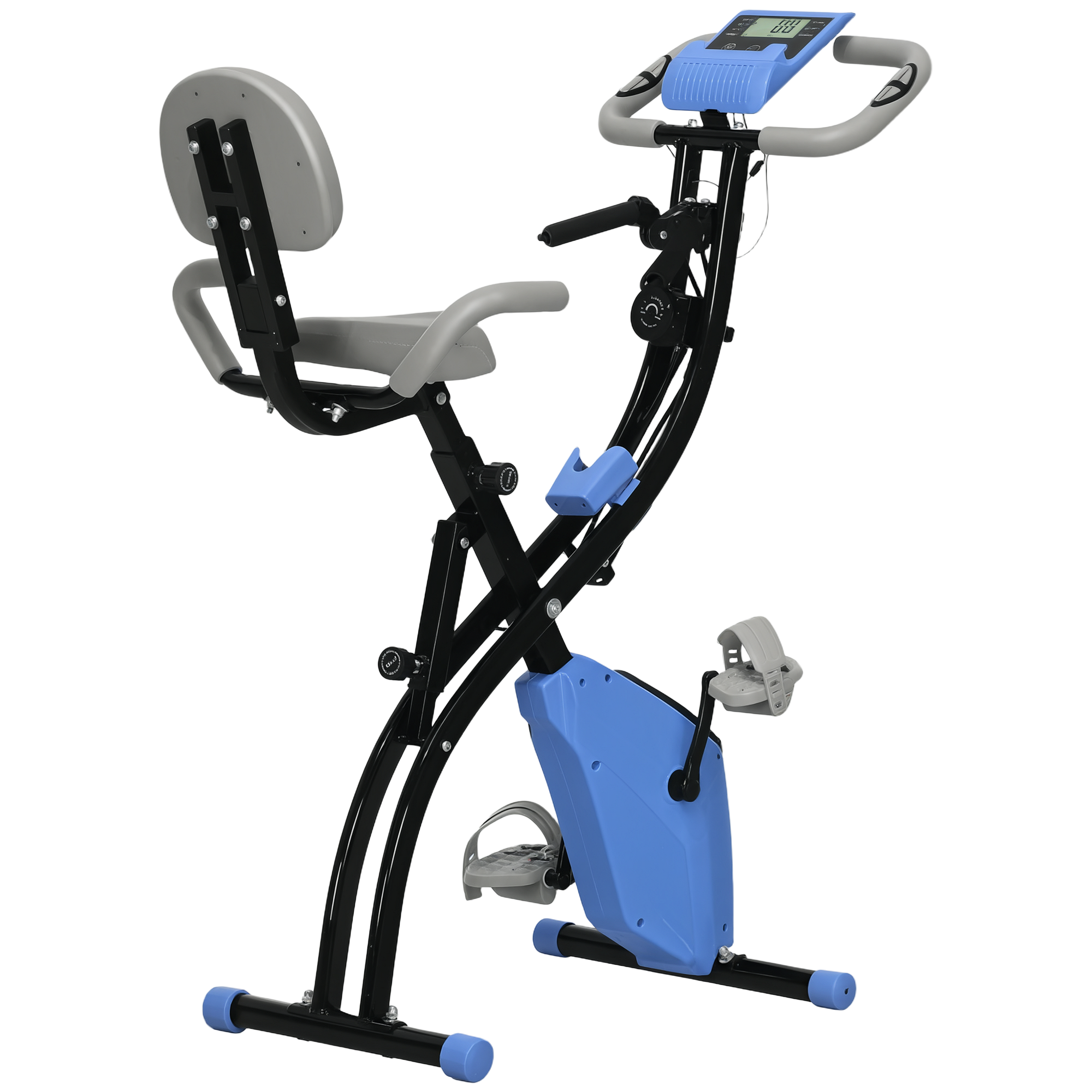 Heimtrainer X-Bike 2-in-1 Fahrradtrainer mit LCD-Display,Pulsmesser, klappbarer Hometrainer Trimmrad mit 8 stufig Magnetwiderstand, 1 Paar Spannseil, Stahl Blau 105x48x118 cm
