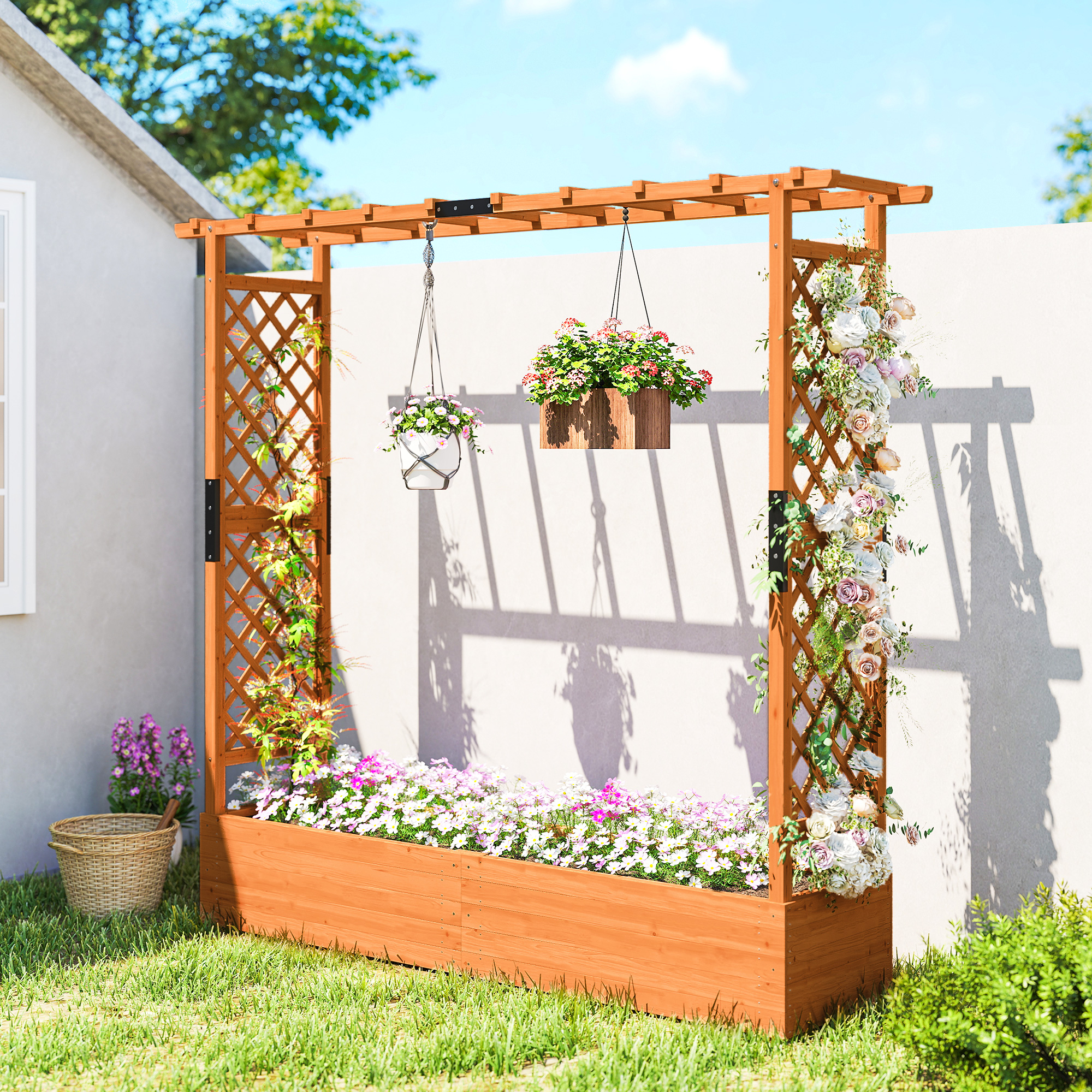 Hochbeet mit Rankengitter und Dach, für Blumen, Obst, Gemüse, Kräuter, 196 x 44 x 181 cm, Holz, Orange