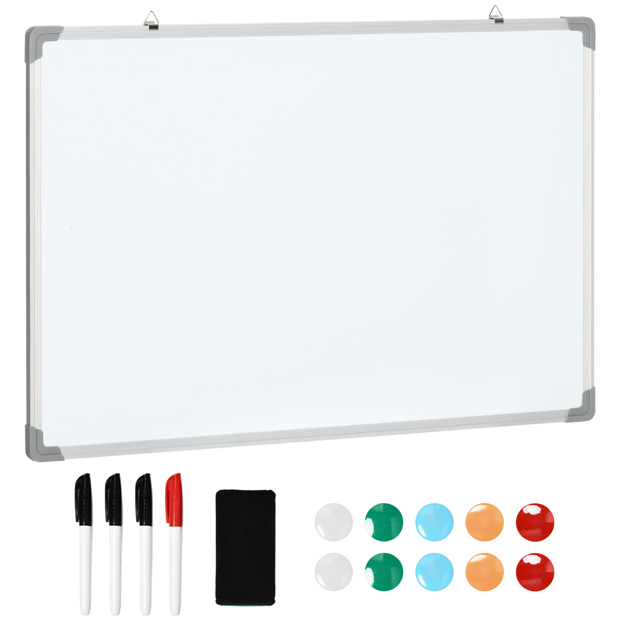 Whiteboard, Magnettafel, Notiztafel, inklusive Zubehör, 4 Stifte, 1 Schwamm, 10 Magnete, Weiß + Silber