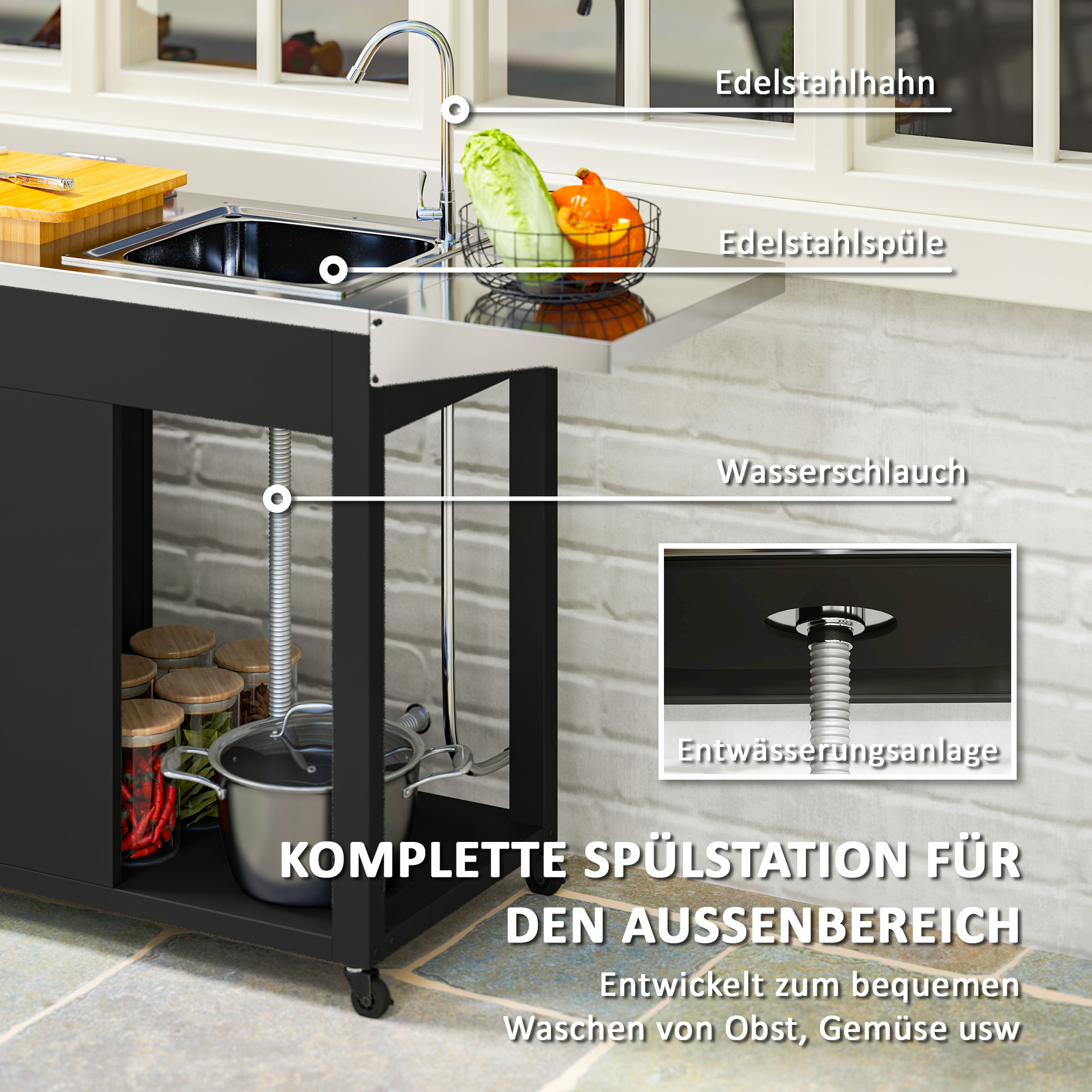Grillwagen Servierwagen mit Arbeitsfläche Seitenblatt Schrank Spüle Räder, Edelstahl 162,5x47x87cm Schwarz
