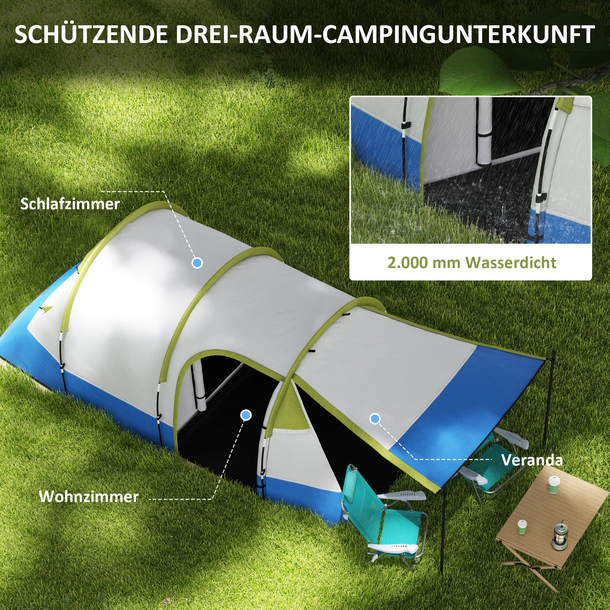 Campingzelt, für 3 Personen, Laternenhaken, drei Eingänge, wasserdicht, Grün