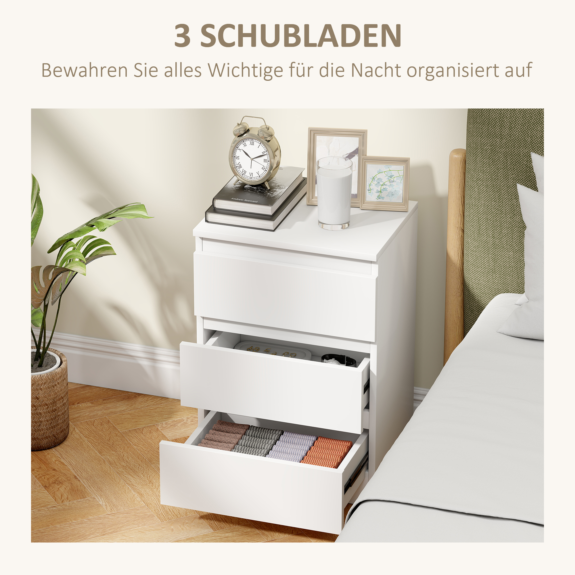 Nachttisch, 2er Set Beistelltisch mit 3 Schubladen, Nachtschrank, Nachtkommode für Schlafzimmer, Wohnzimmer, 40 x 30 x 59,5 cm, Weiß
