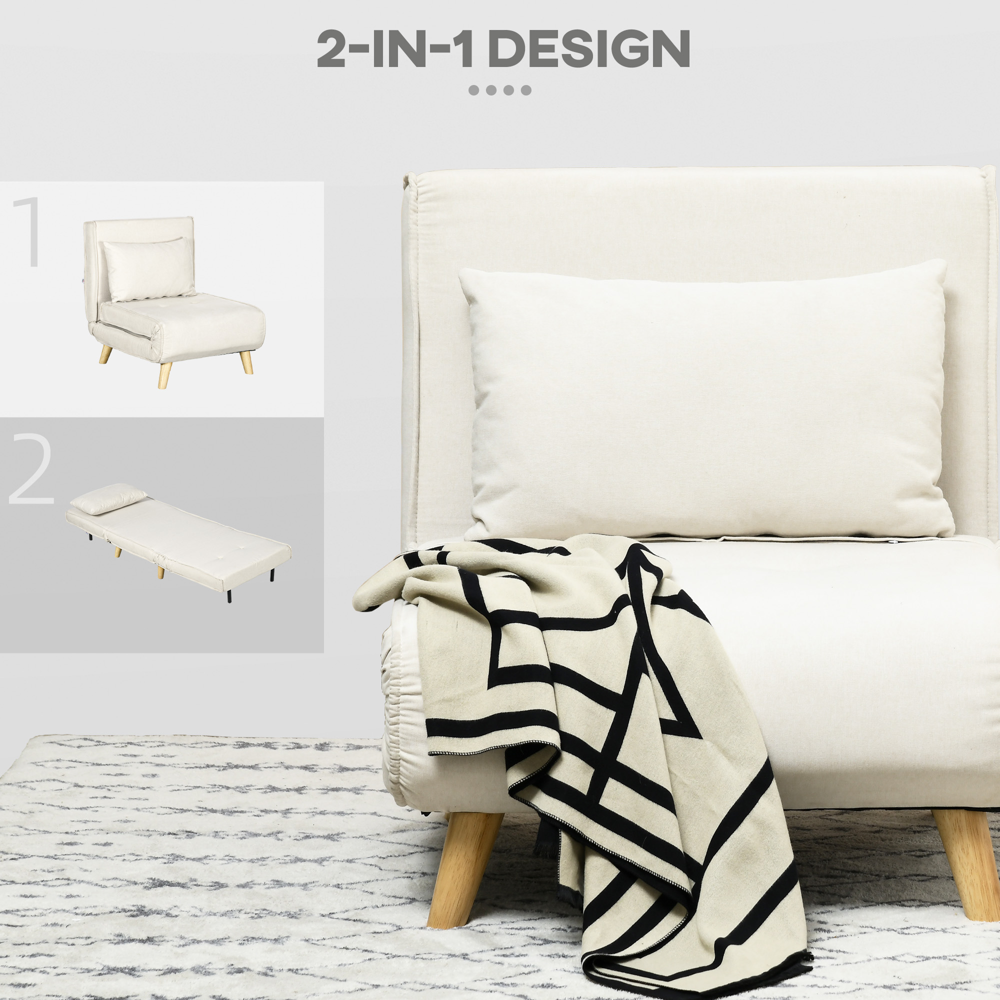 Schlafsessel, 6-stufig verstellbare Lehne, Leinenoptik, bis 120 kg, Creme