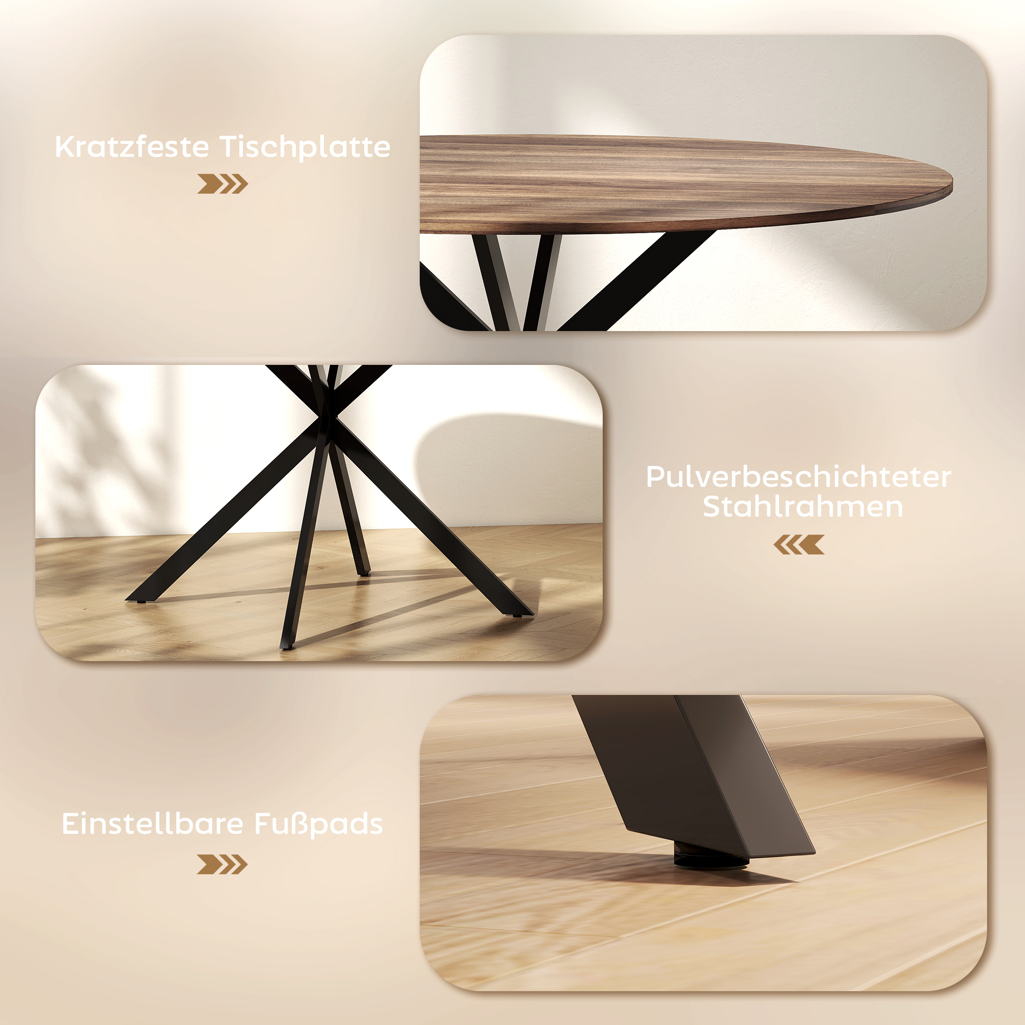 Runder Esstisch für 4 Personen, Küchentisch im Industriestil mit Stahlbeinen, für Esszimmer, Küche, Dunkelbraun