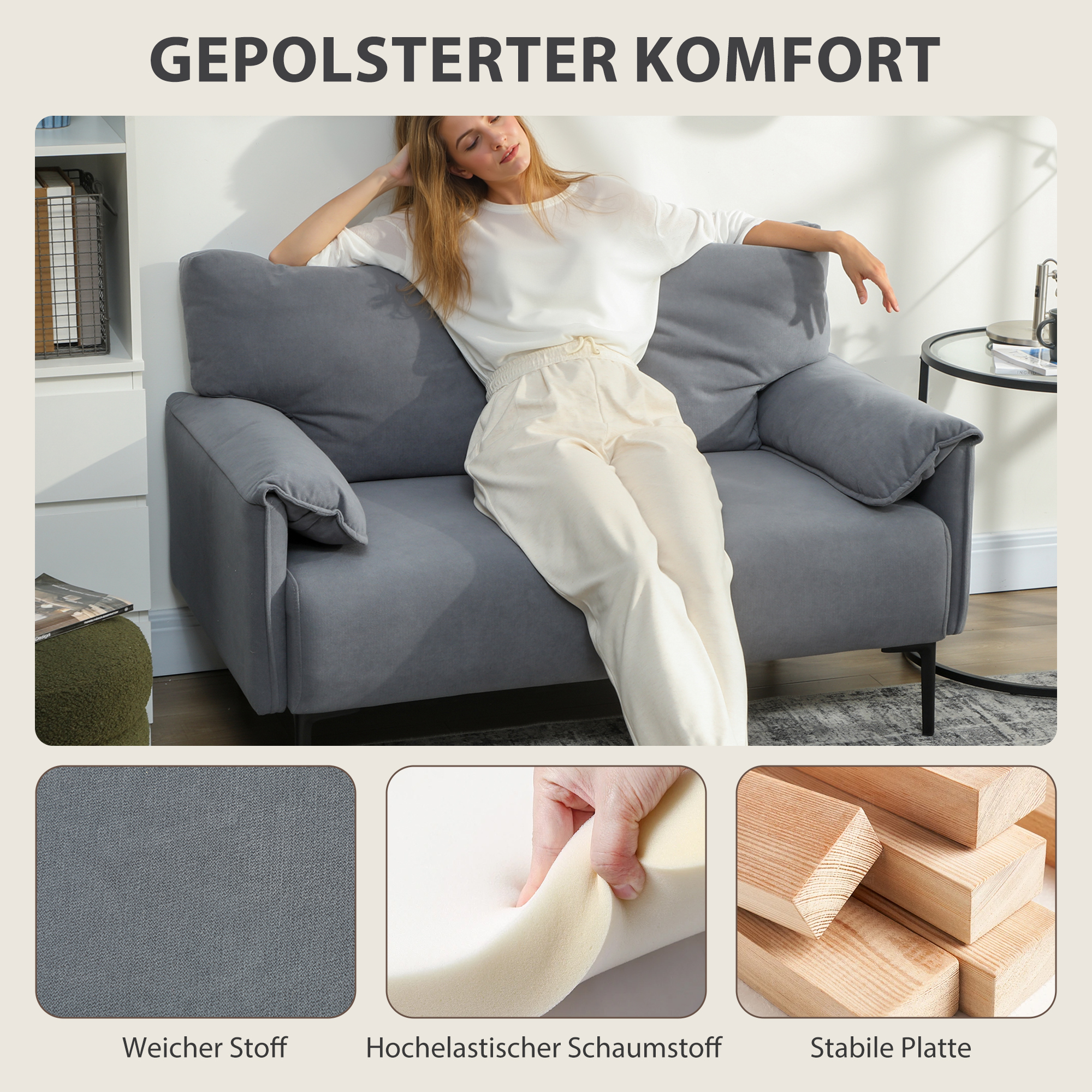 2-Sitzer-Sofa, dicke Kissen, samtiger Bezug, Polstersofa, Schwarz