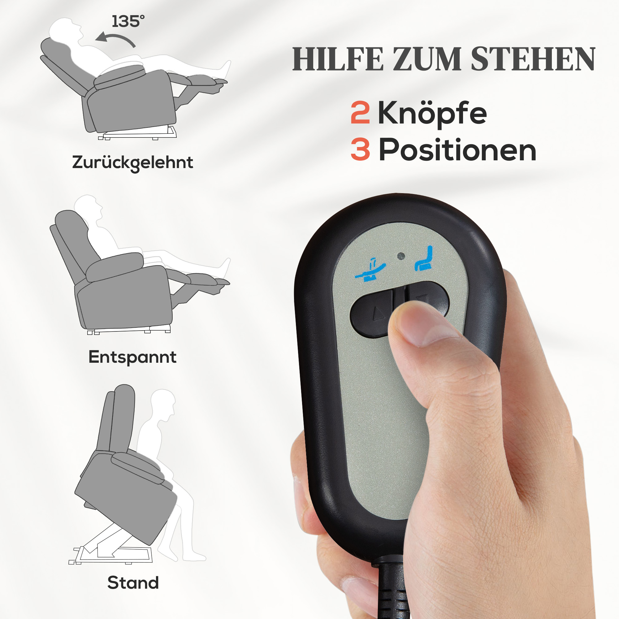 Elektrischer Relaxsessel mit Aufstehhilfe, Massagesessel mit Wärmefunktionen, 2 Fernbedienungen, weicher Schaumstoff