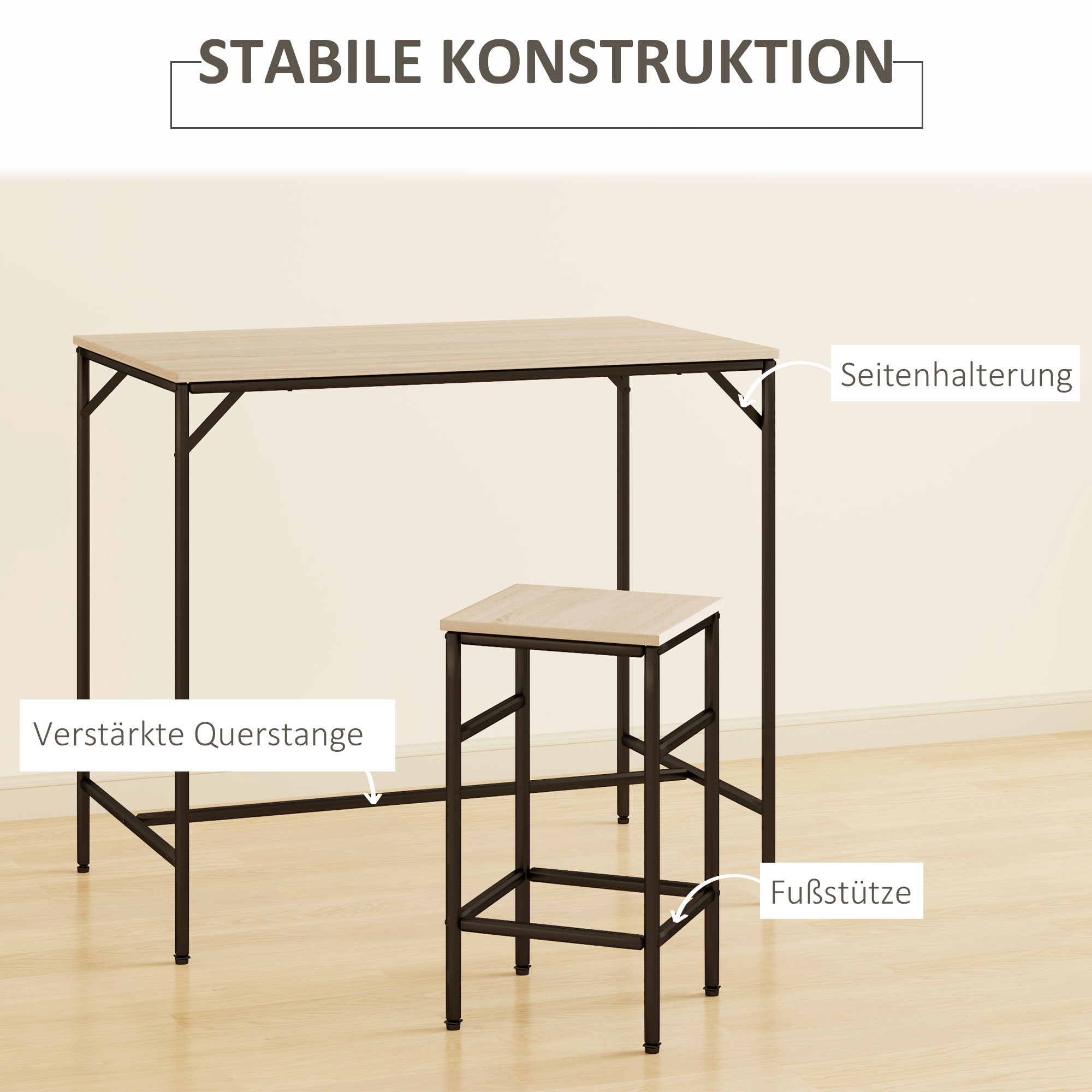 Bartisch-Set Stehtisch mit 4 Barhockern 5-teiliges Tischset Stahl Eiche
