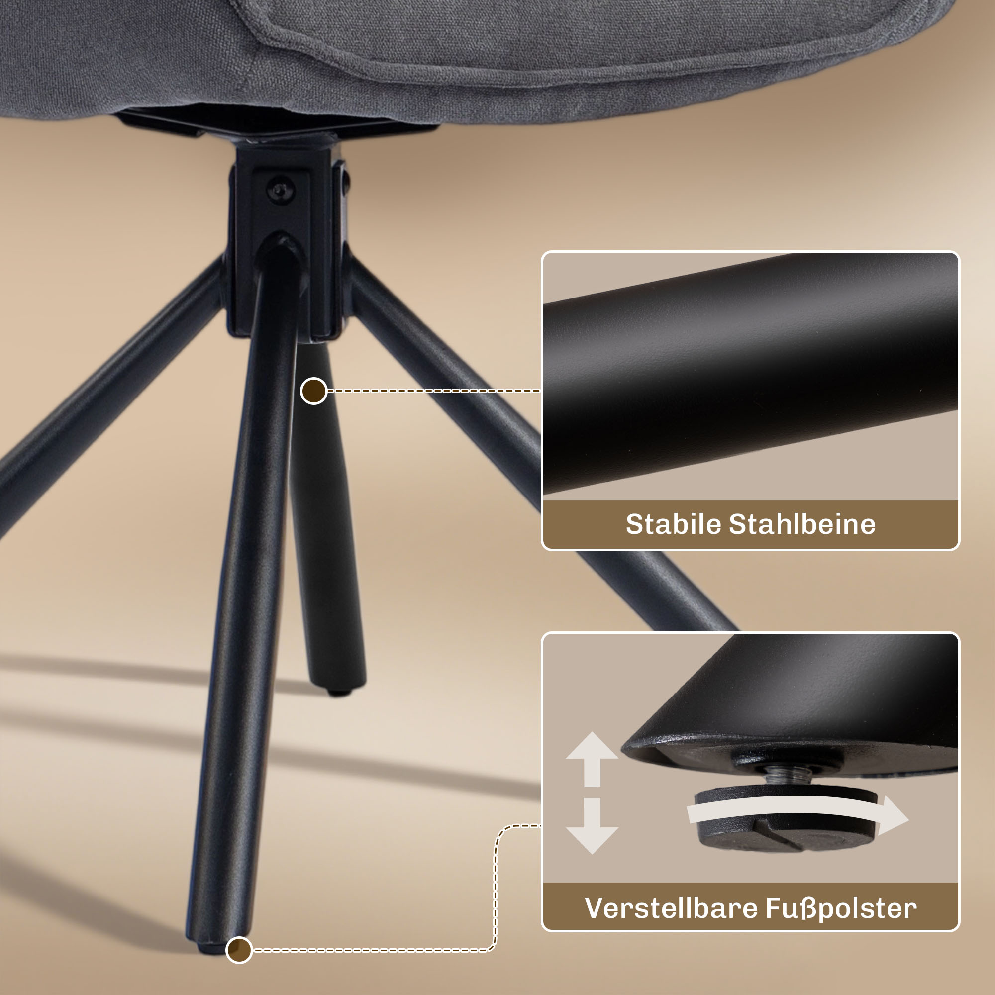 2er-Set Esszimmerstühle, drehbar, weich gepolstert, Armlehnen, Metallbeine, Dunkelgrau