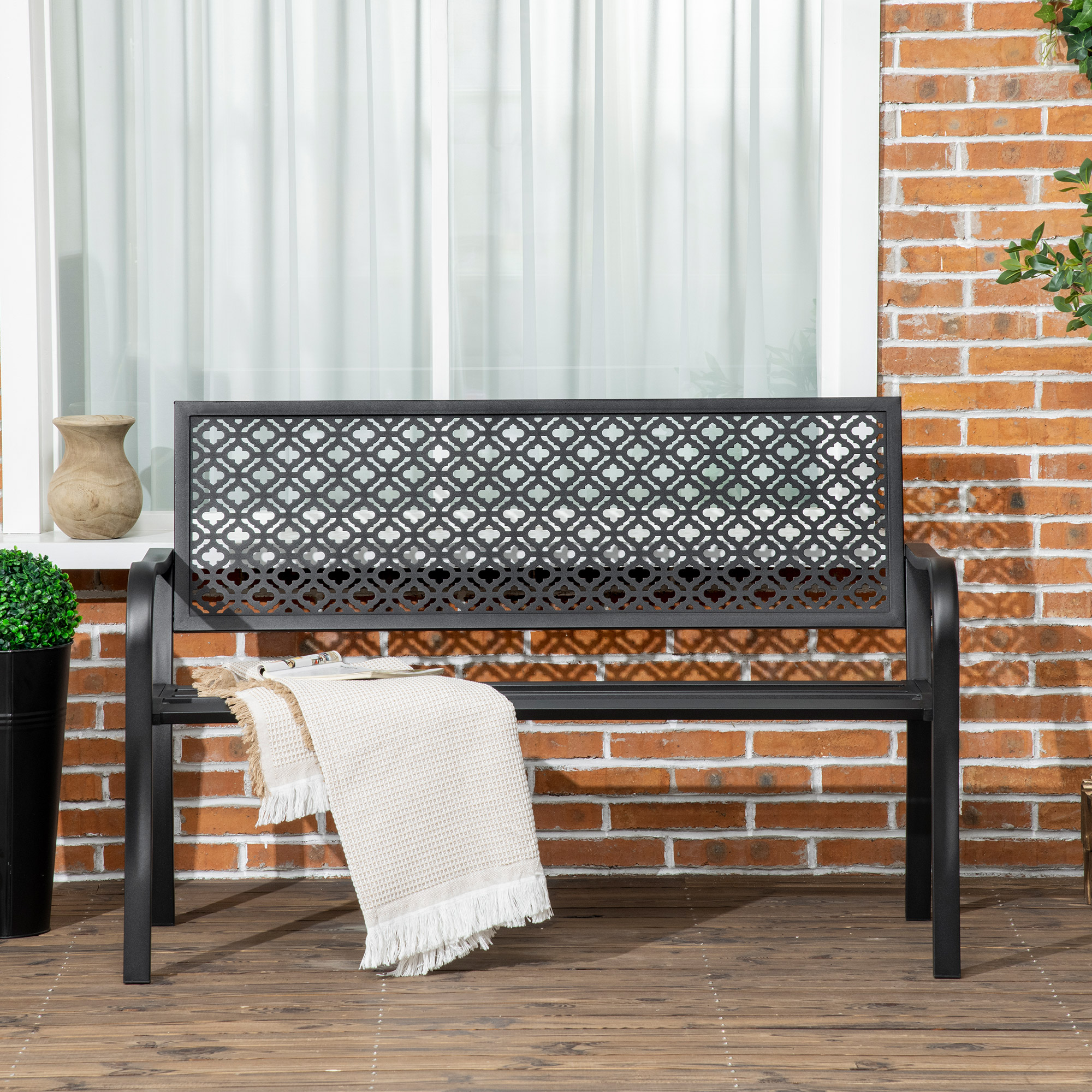 Gartenbank aus Metall, 2-Sitzer, Blumenmuster, wetterbeständig, 127 x 63 x 83cm, Schwarz