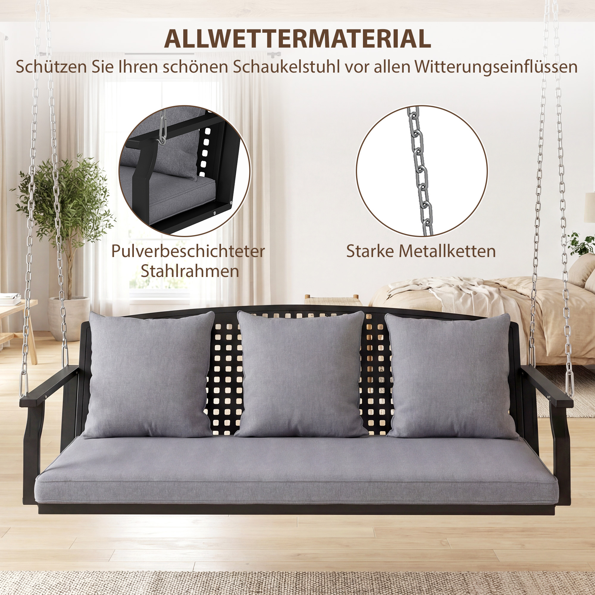 3-Sitzer Veranda-Schaukel, Gartenschaukelbank mit 3 Rückenkissen, Sitzkissen, Hängevorrichtung, Grau