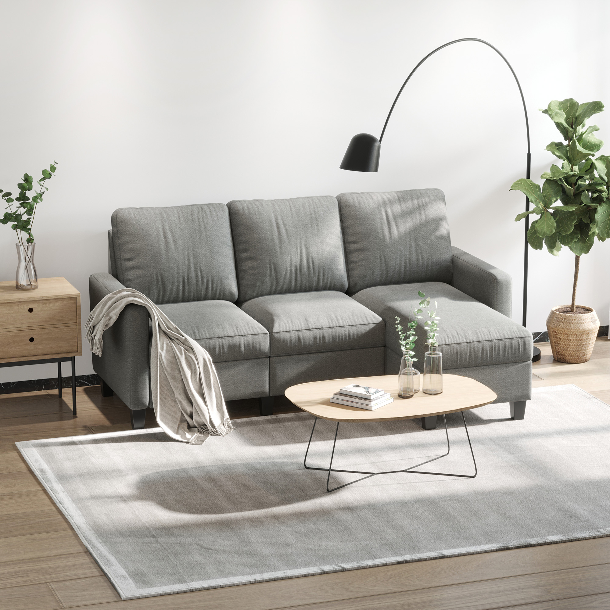 Ecksofa mit Schlaffunktion, 3-Sitzer-Sofa mit Bettkasten und Kissen, Eckcouch, L-Form Couch, Stoffbezug, Grau